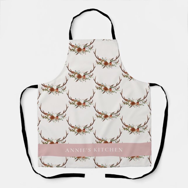 Terracotta pink antler watercolor floral elegant apron (Front)