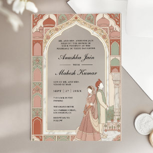 Terracotta Pink Palace Arch Indian Couple Wedding Acrylic Invitations