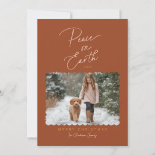 Terracotta Pink Peace on Earth Script Modern Photo Holiday Card