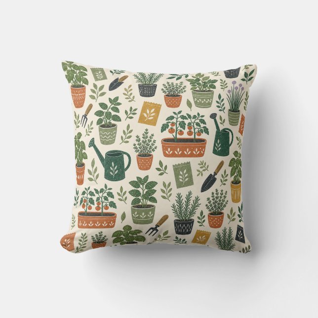 Terracotta Pots and Kitchen Herbs Botanical Patter Throw Pillow (Front)