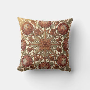 Terracotta Protea Art Nouveau Floral Medallion Throw Pillow