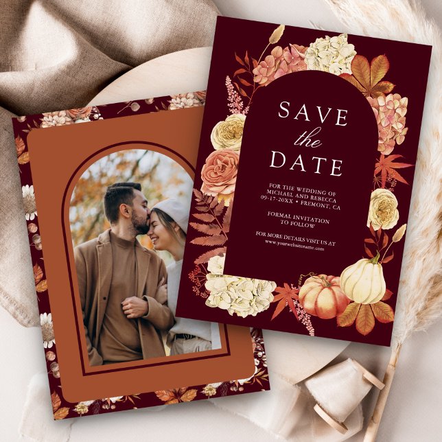 Terracotta Pumpkin Floral Burgundy Wedding Save The Date (Creator Uploaded)