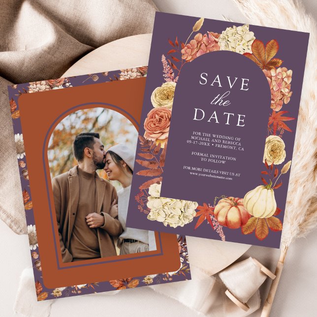 Terracotta Pumpkin Floral Dusty Purple Wedding Save The Date (Creator Uploaded)