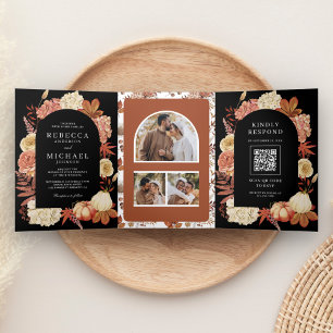 Terracotta Pumpkin Floral QR Code Black Wedding Tri-Fold Invitation