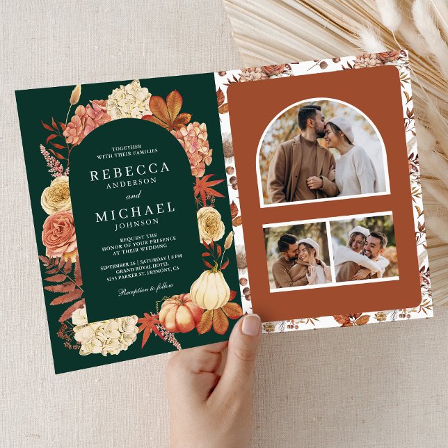 Terracotta Pumpkin Floral QR Code Emerald Wedding Invitation (Creator Uploaded)