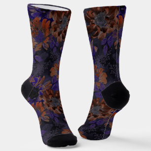 Terracotta, purple flowers on a velvety grey socks