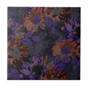 Terracotta, purple flowers on a velvety grey tile