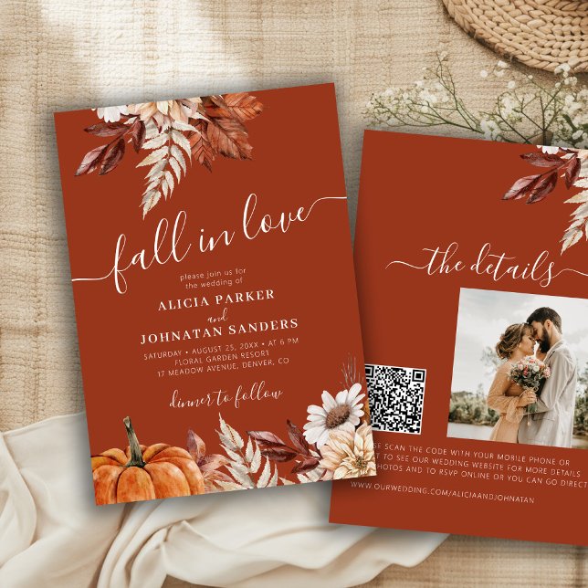 Terracotta QR code Fall in Love botanical wedding Invitation (Creator Uploaded)
