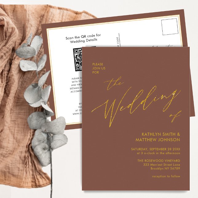 Terracotta QR Code Gold Script All In One Wedding Invitation Postcard (Creator Uploaded)