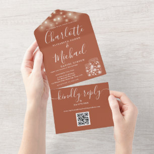 Terracotta QR Code Mason Jar String Lights Wedding All In One Invitation