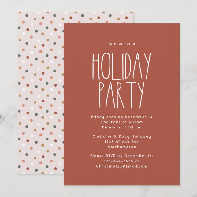 Terracotta Red Boho Polka Dot Christmas Party Invitation (Front/Back)
