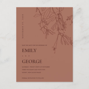 TERRACOTTA RED LINE DRAWING FLORAL SAVE THE DATE ANNOUNCEMENT POSTCARD