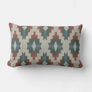 Terracotta Red TaupeBrown Teal Blue Tribal Art Lumbar Pillow