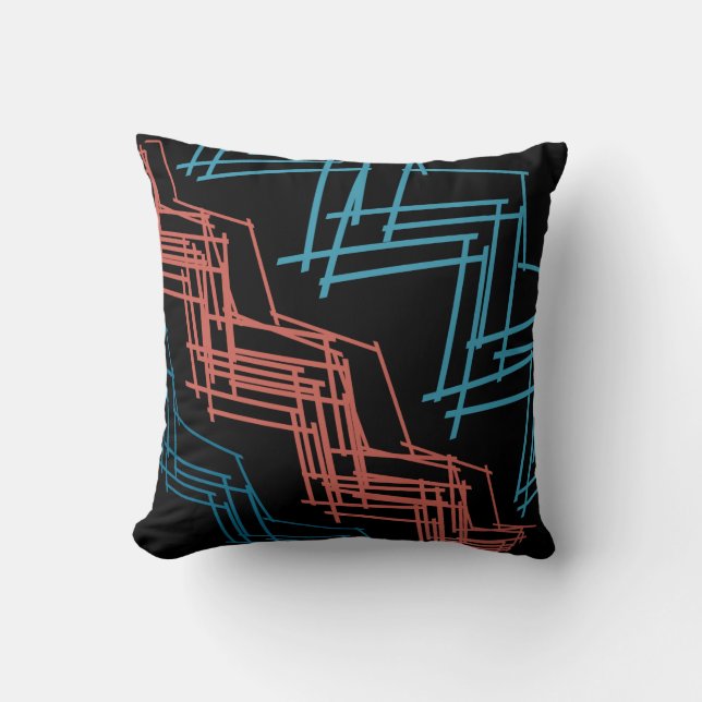 Terracotta Red Turquoise Black Diagonal Squiggles Throw Pillow (Front)