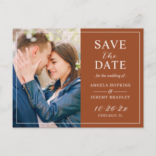 Terracotta Reddish Modern Photo Save the Date Postcard
