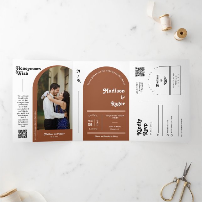 Terracotta Retro Boho Arch Photo QR Code Wedding Tri-Fold Invitation (Inside)
