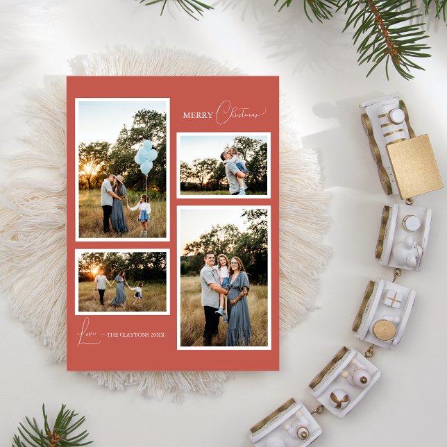 Terracotta Retro Boho Minimalist Four Photo Holiday Card (Creator Uploaded)