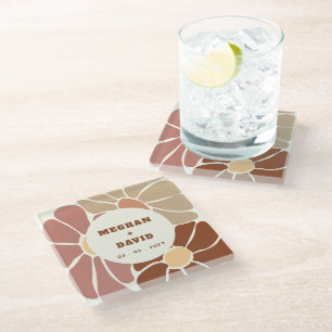 Terracotta Retro Groovy Boho Chic Floral Wedding Glass Coaster