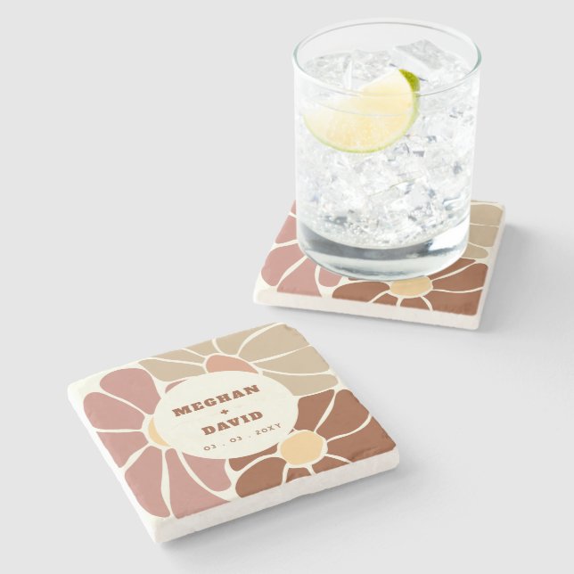 Terracotta Retro Groovy Boho Chic Floral Wedding Stone Coaster (Side)