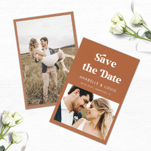 Terracotta Retro Vintage Script & 2 Photo Wedding Save The Date