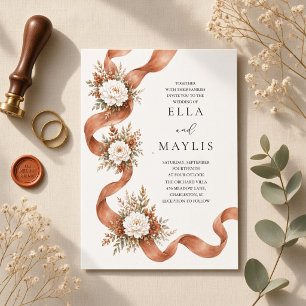 Terracotta Ribbon Dahlia Floral Fall Wedding  Invitation