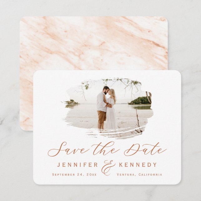 Terracotta Romantic Brushed Frame with Photo Save The Date (Front/Back)