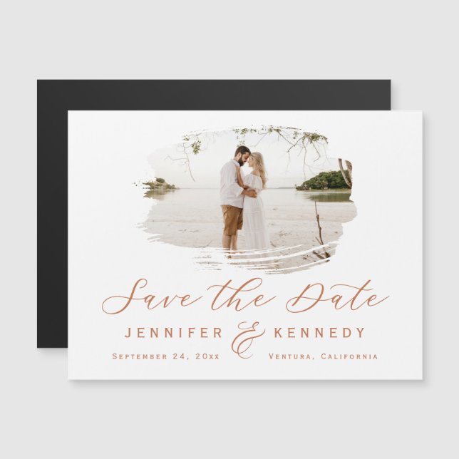 Terracotta Romantic Brushed Photo Save the Date Magnetic Invitation (Front/Back)