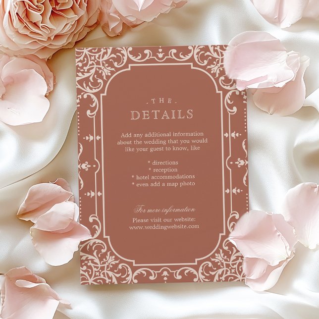 Terracotta romantique carte de détails de mariage  (Terracotta romantic vintage wedding details card)