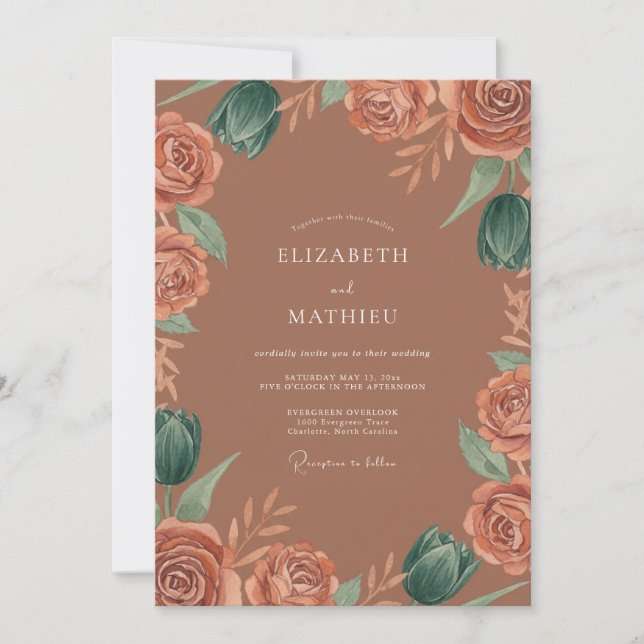 Terracotta Rose Blossom Flourish Wedding Invitation (Front)