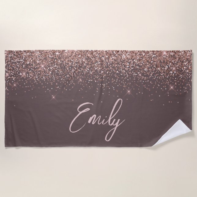 Terracotta Rose Gold Blush Pink Glitter Monogram Beach Towel (Front)