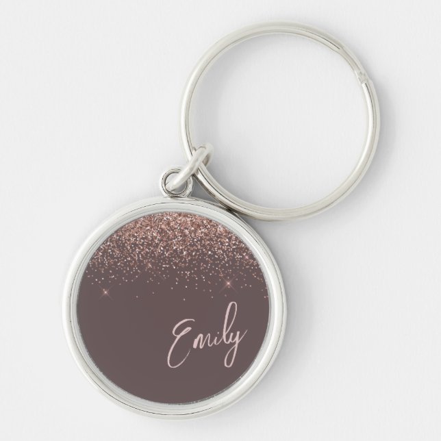 Terracotta Rose Gold Blush Pink Glitter Monogram Keychain (Front)