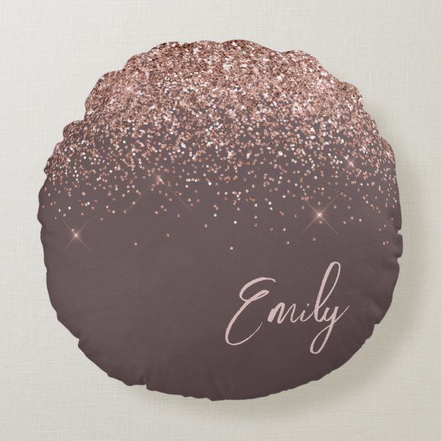 Terracotta Rose Gold Blush Pink Glitter Monogram Round Pillow (Front)