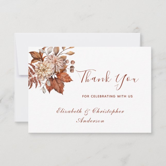 Terracotta Rust Beige Floral Wedding Thank You Card (Front)