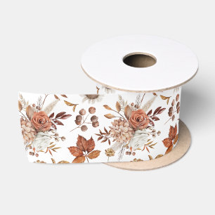 Terracotta Rust Boho Floral Fall Foliage Satin Ribbon
