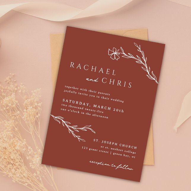 Terracotta Rust Boho Modern Stenciled Botanical Invitation (Creator Uploaded)