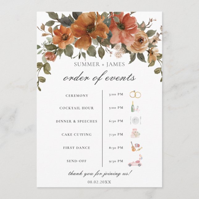 Terracotta Rust Floral Fall Wedding Order of Event Program (Front)