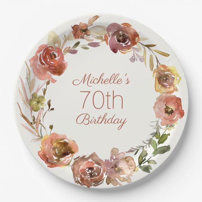 Terracotta Rust Floral Wreath 70th Birthday   Paper Plate (Front)