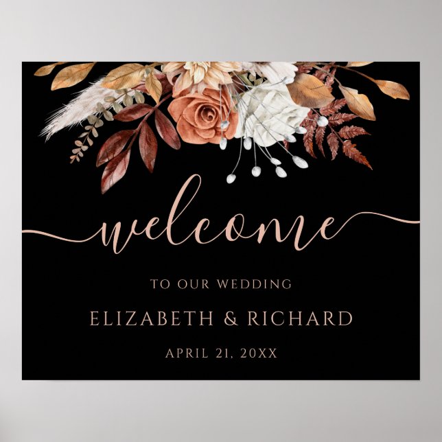 Terracotta Rust Flowers Black Fall Wedding Welcome Poster (Front)