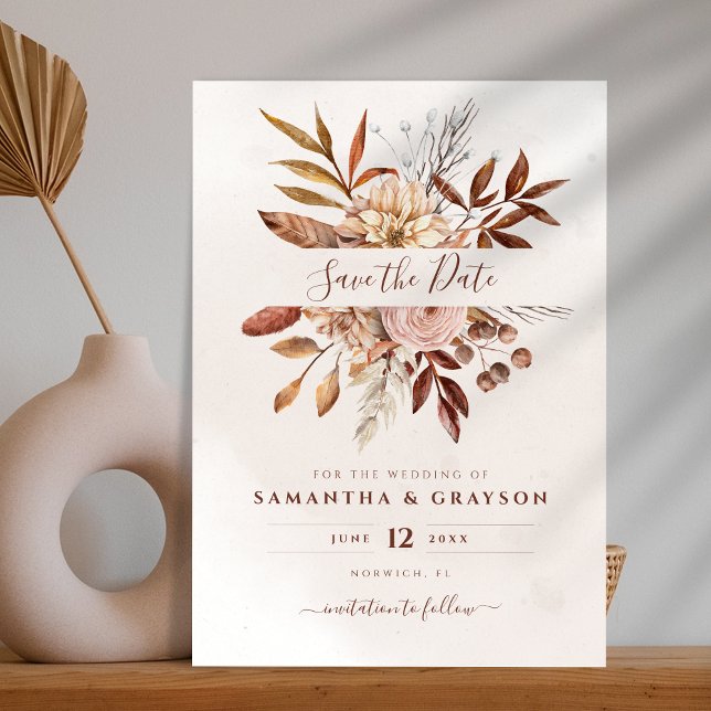 Terracotta Rust Flowers Boho Earthy Fall Foliage Save The Date (Creator Uploaded)