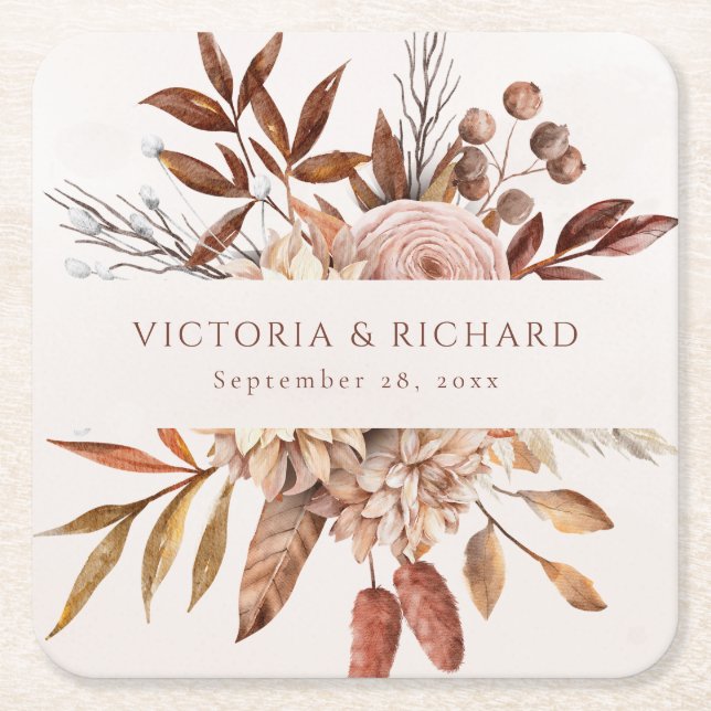 Terracotta Rust Flowers Boho Fall Foliage Square Paper Coaster (Front)
