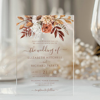 Terracotta Rust Flowers Boho Fall Foliage Wedding Acrylic Invitations