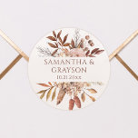 Terracotta Rust Flowers Boho Fall Foliage Wedding Classic Round Sticker<br><div class="desc">Modern bohemian style wedding envelope seals featuring watercolor flowers and fall leaves in earthy tones like rust brown,  burnt orange and terracotta. Perfect choice for autumn weddings.</div>