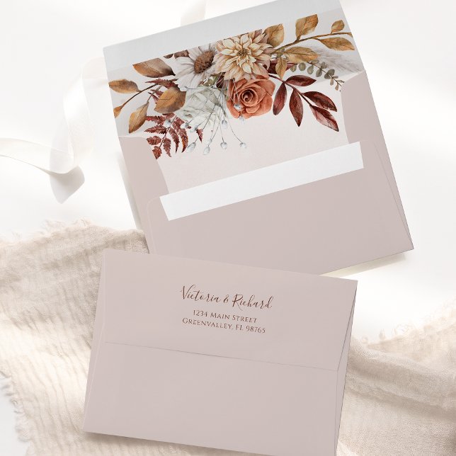 Terracotta Rust Flowers Boho Fall Foliage Wedding Envelope (Creator Uploaded)