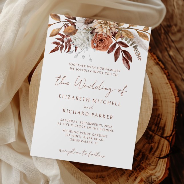 Terracotta Rust Flowers Boho Fall Foliage Wedding Invitation (Creator Uploaded)