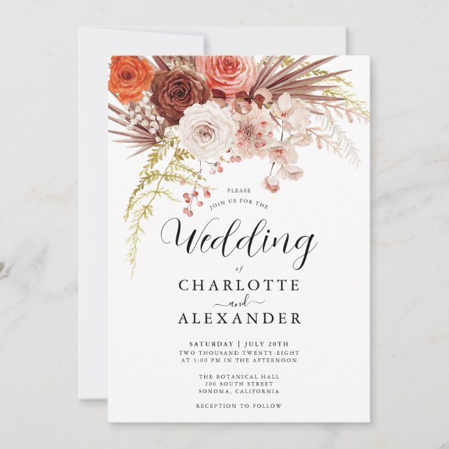 Terracotta Rust Flowers Boho Fall Foliage Wedding  Invitation (Front)
