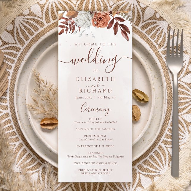 Terracotta Rust Flowers Boho Fall Foliage Wedding Program (Creator Uploaded)