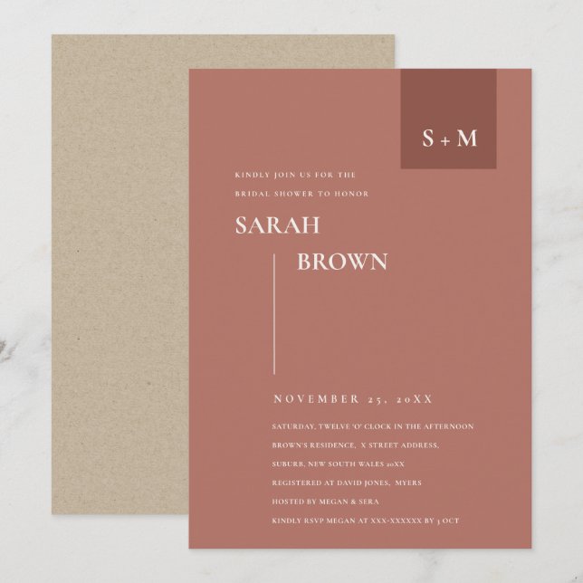 TERRACOTTA RUST MONOGRAM INVITATION FÊTE DES MARIÉ (Devant / Derrière)