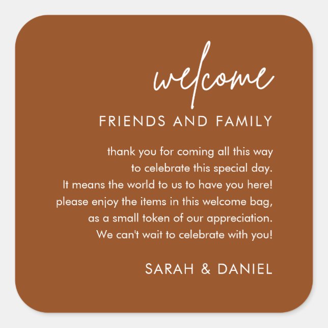 Terracotta Rust Wedding Welcome Gift Bag Basket Square Sticker (Front)