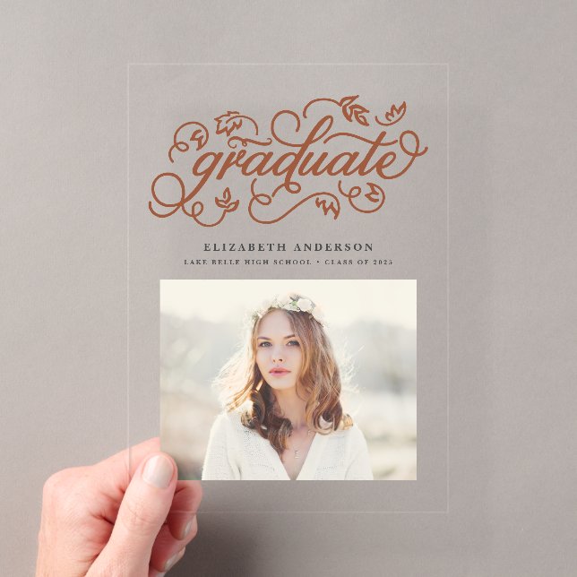 Terracotta Rustic Calligraphy Photo Graduation Acrylic Invitations (Insitu (Handheld))