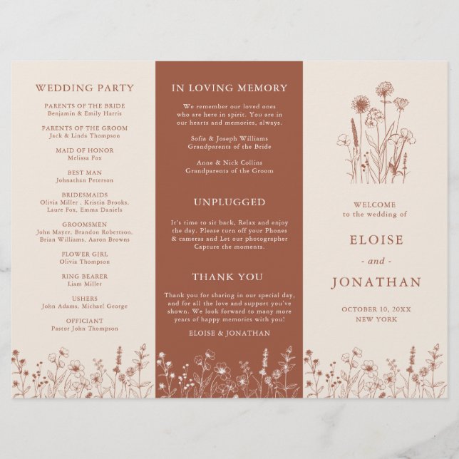 Terracotta Rustic Fall Wildflower Wedding Program (Front)